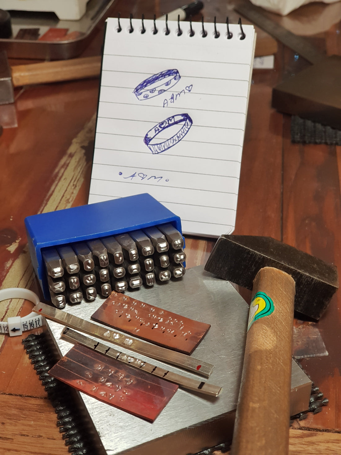 Practising jewellery stamping on copper