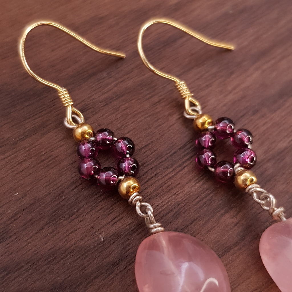 BY ME Flower Drop (Garnet & Rose quartz )earrings