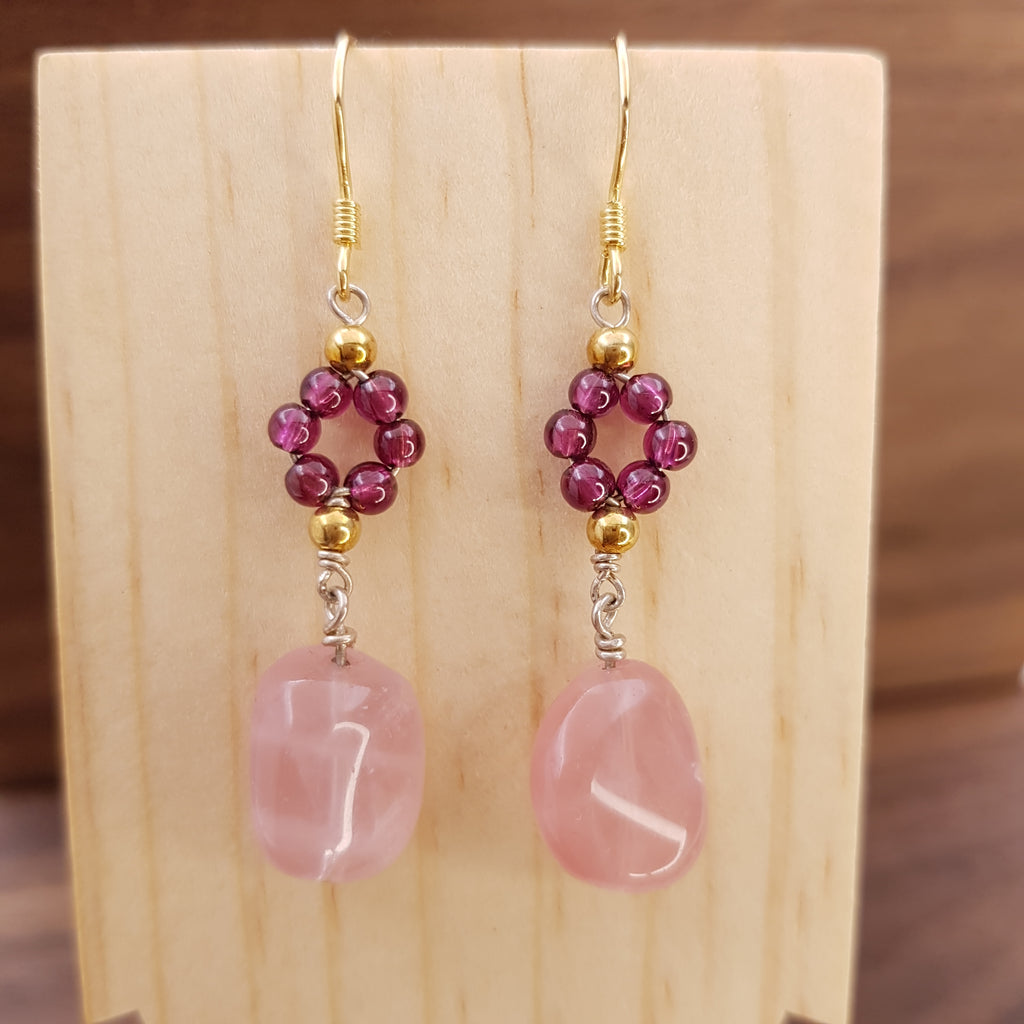 BY ME Flower Drop (Garnet & Rose quartz )earrings