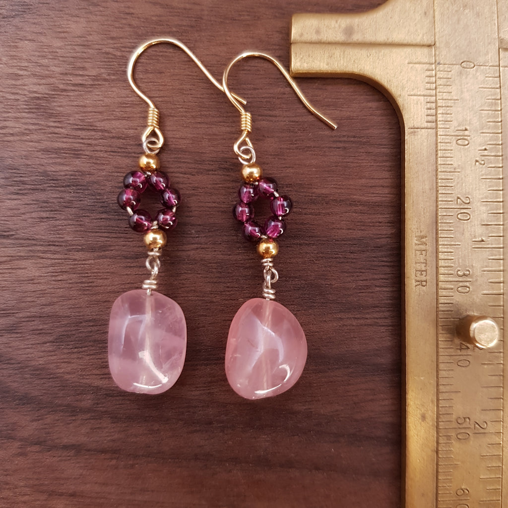 BY ME Flower Drop (Garnet & Rose quartz )earrings